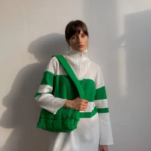 Knitted Striped Jumper Sweater Long Sleeve Tops Zip Up Turtleneck Pullover Knitwear Oversized Long Sweaters Dress For Women