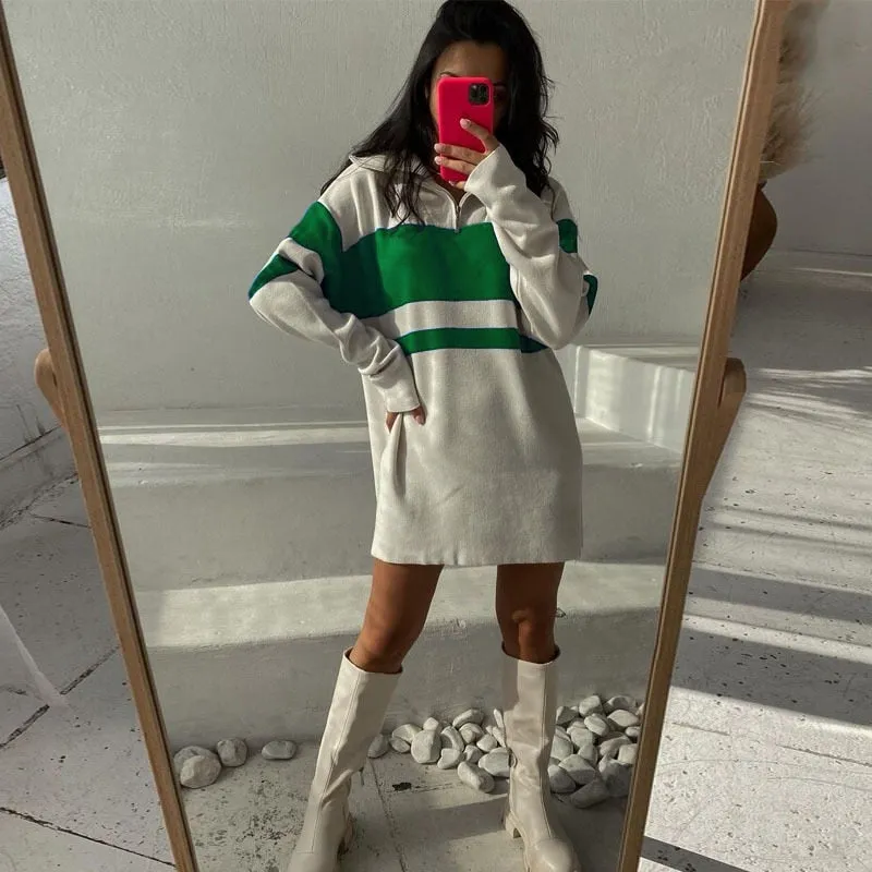 Knitted Striped Jumper Sweater Long Sleeve Tops Zip Up Turtleneck Pullover Knitwear Oversized Long Sweaters Dress For Women