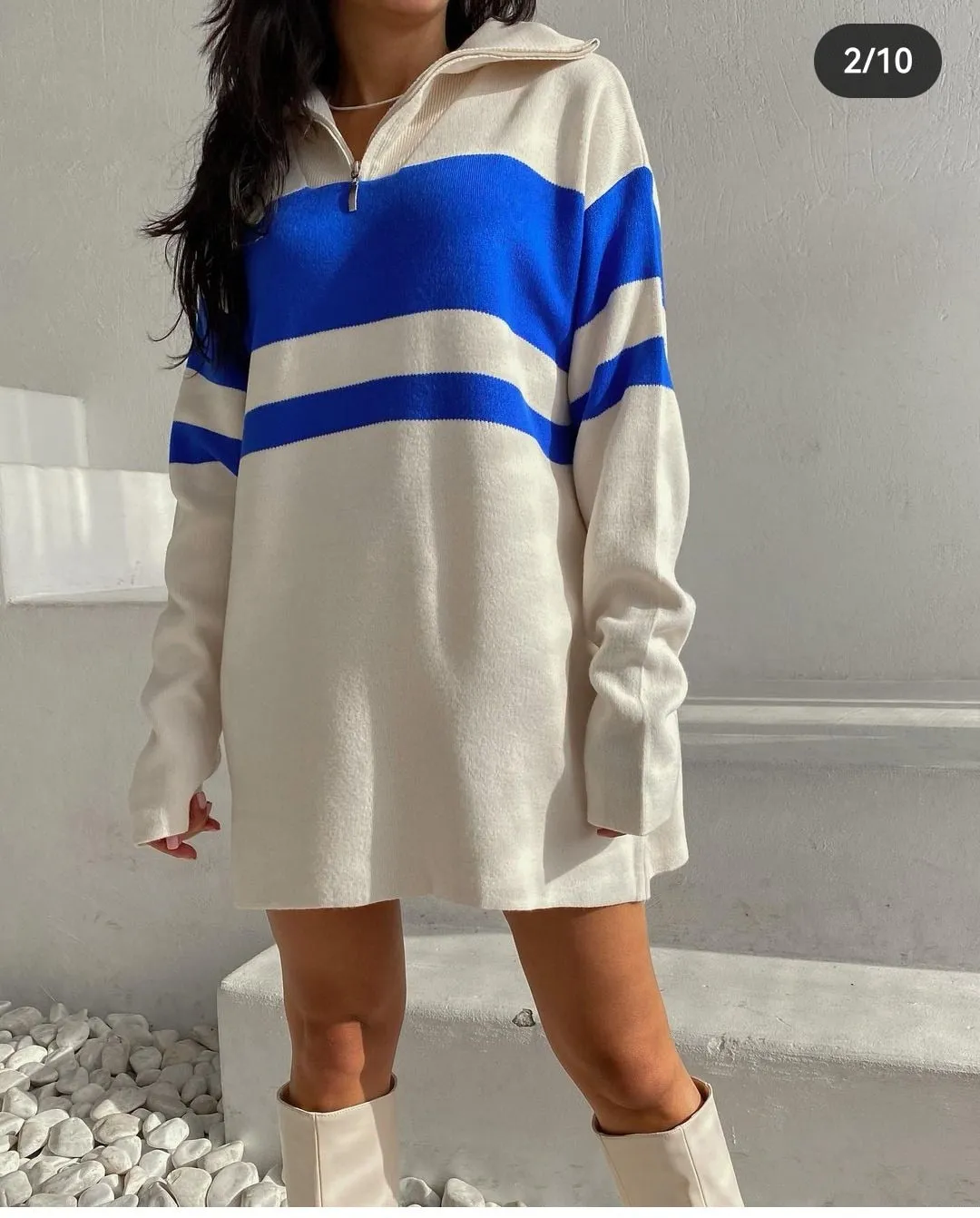 Knitted Striped Jumper Sweater Long Sleeve Tops Zip Up Turtleneck Pullover Knitwear Oversized Long Sweaters Dress For Women