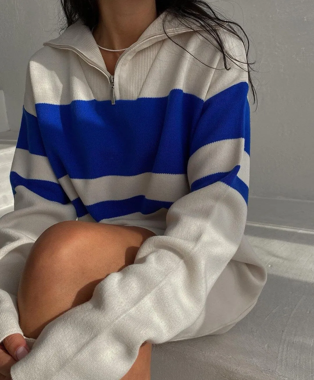 Knitted Striped Jumper Sweater Long Sleeve Tops Zip Up Turtleneck Pullover Knitwear Oversized Long Sweaters Dress For Women