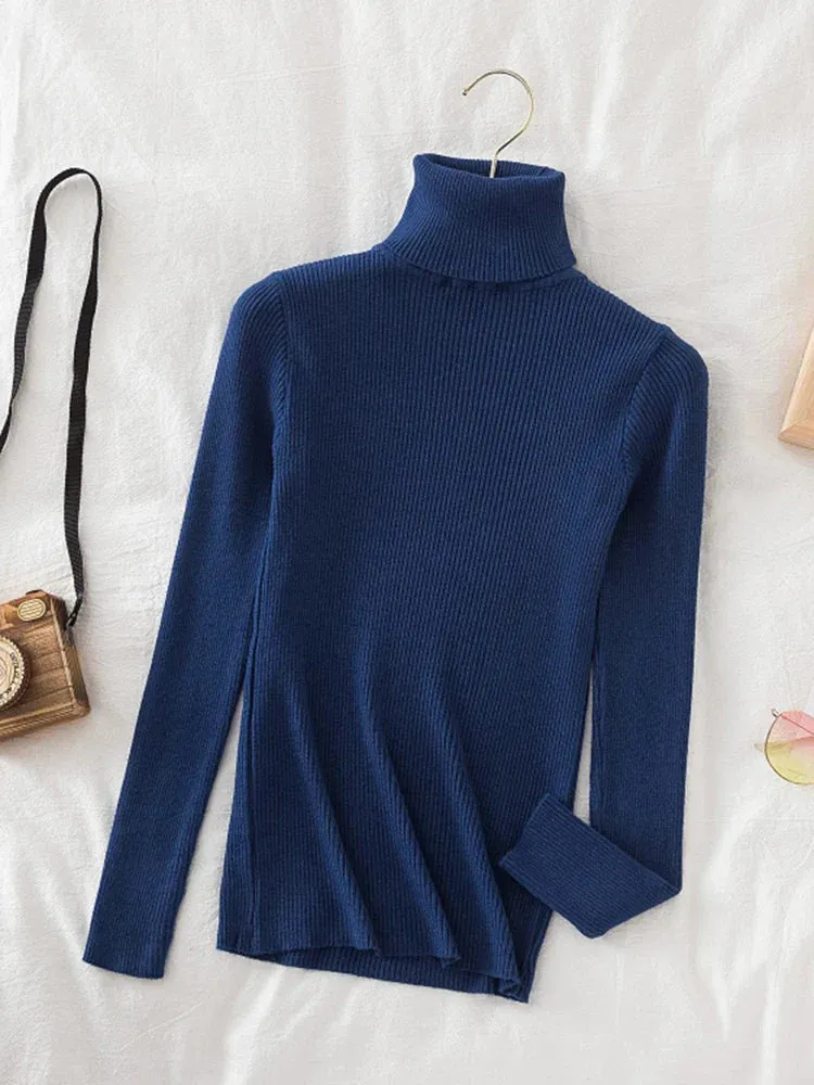 Korean Fashion Turtleneck Women Autumn Winter Pullover Sweater Basic Solid Casual Slim Stretch Ribbed Knitted Top Woman Sweaters