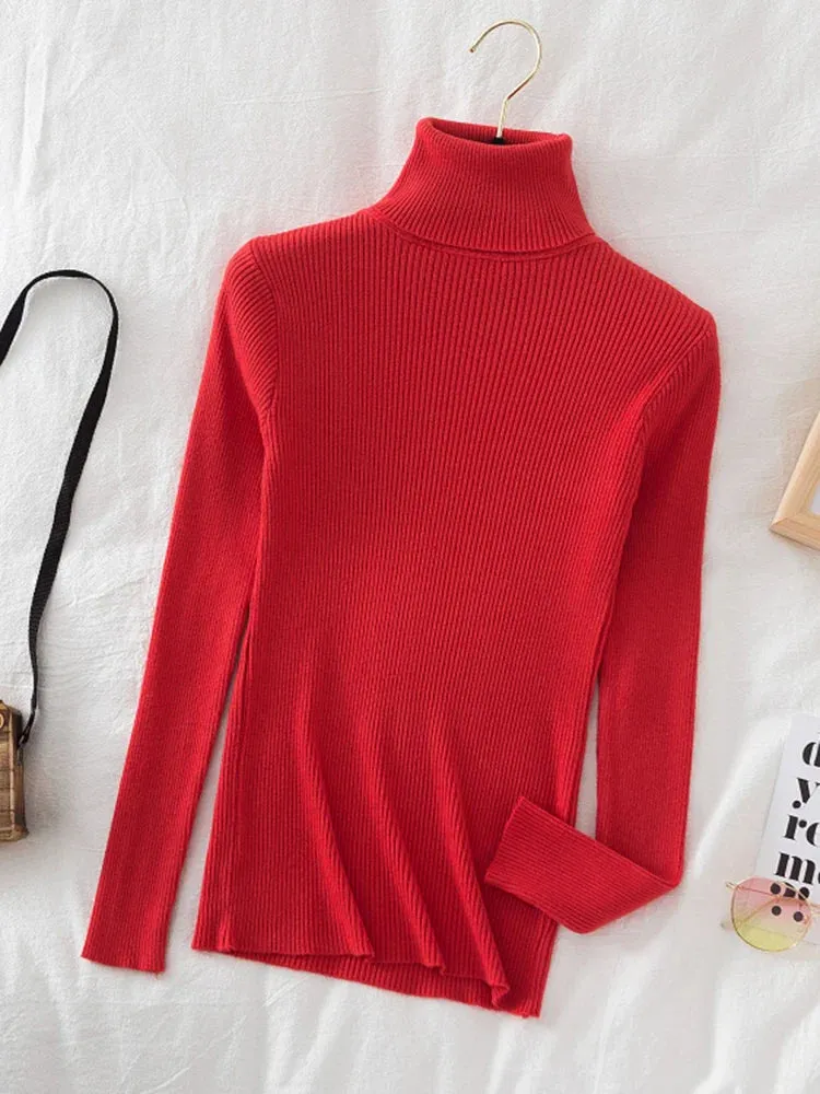 Korean Fashion Turtleneck Women Autumn Winter Pullover Sweater Basic Solid Casual Slim Stretch Ribbed Knitted Top Woman Sweaters