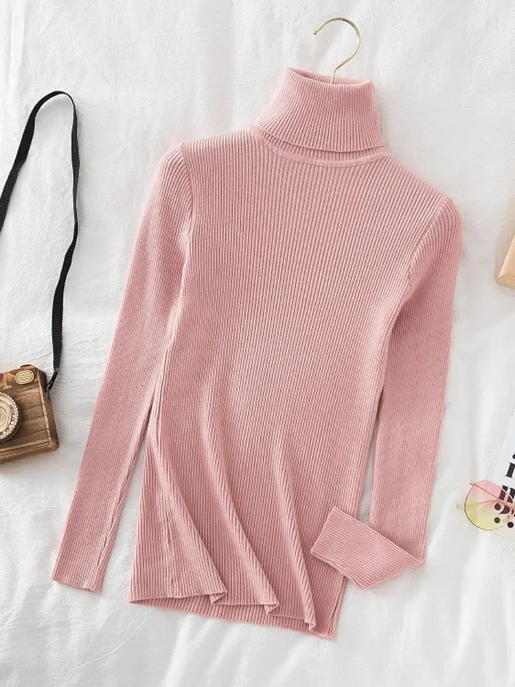 Korean Fashion Turtleneck Women Autumn Winter Pullover Sweater Basic Solid Casual Slim Stretch Ribbed Knitted Top Woman Sweaters