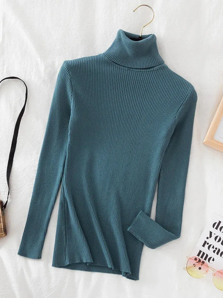Korean Fashion Turtleneck Women Autumn Winter Pullover Sweater Basic Solid Casual Slim Stretch Ribbed Knitted Top Woman Sweaters