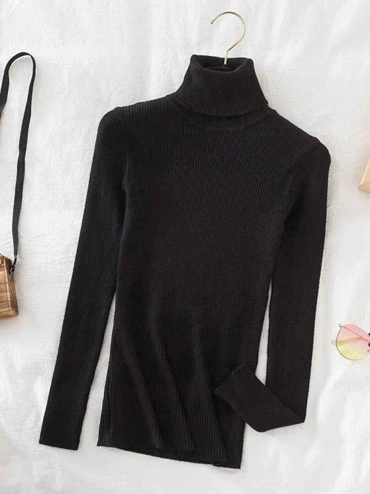Korean Fashion Turtleneck Women Autumn Winter Pullover Sweater Basic Solid Casual Slim Stretch Ribbed Knitted Top Woman Sweaters