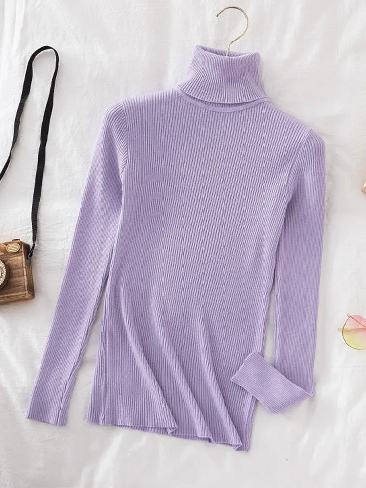 Korean Fashion Turtleneck Women Autumn Winter Pullover Sweater Basic Solid Casual Slim Stretch Ribbed Knitted Top Woman Sweaters