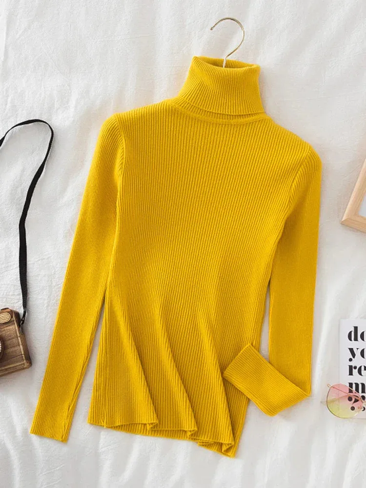 Korean Fashion Turtleneck Women Autumn Winter Pullover Sweater Basic Solid Casual Slim Stretch Ribbed Knitted Top Woman Sweaters