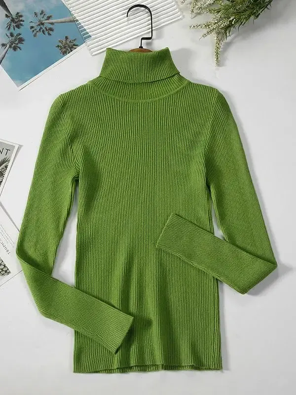 Korean Fashion Turtleneck Women Autumn Winter Pullover Sweater Basic Solid Casual Slim Stretch Ribbed Knitted Top Woman Sweaters