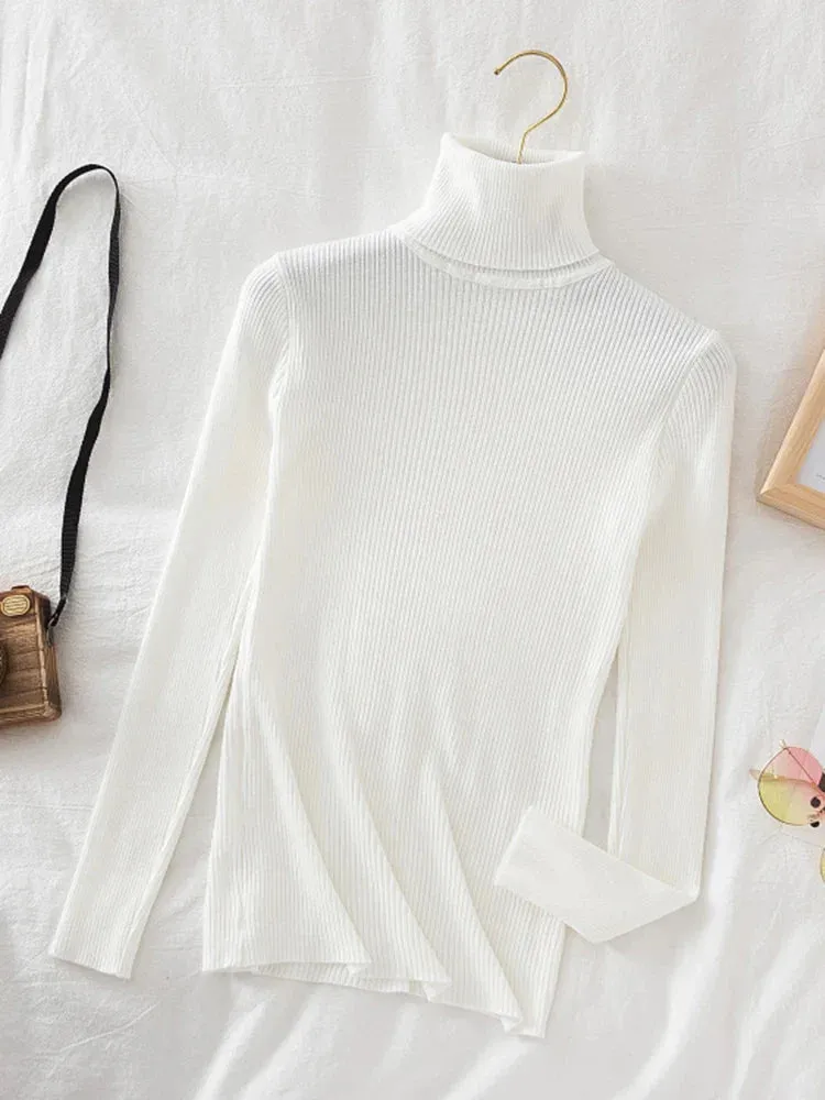 Korean Fashion Turtleneck Women Autumn Winter Pullover Sweater Basic Solid Casual Slim Stretch Ribbed Knitted Top Woman Sweaters