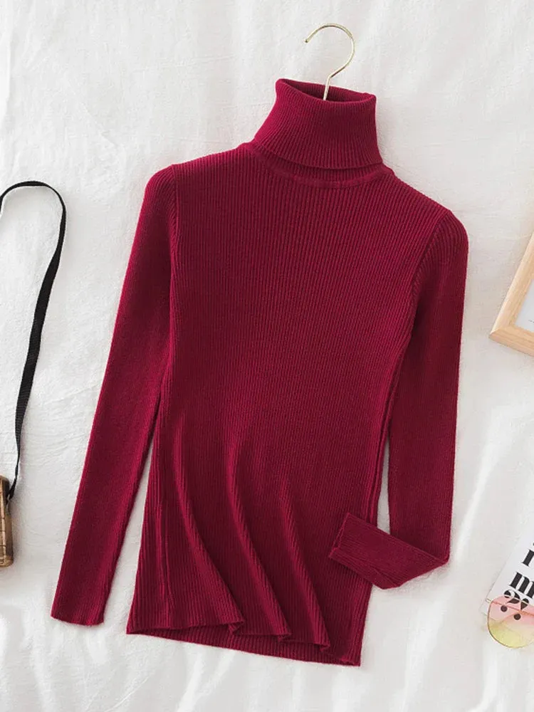 Korean Fashion Turtleneck Women Autumn Winter Pullover Sweater Basic Solid Casual Slim Stretch Ribbed Knitted Top Woman Sweaters