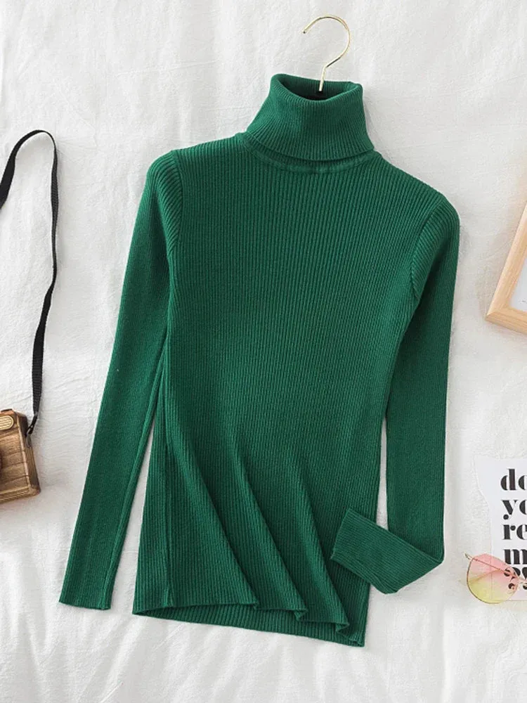 Korean Fashion Turtleneck Women Autumn Winter Pullover Sweater Basic Solid Casual Slim Stretch Ribbed Knitted Top Woman Sweaters