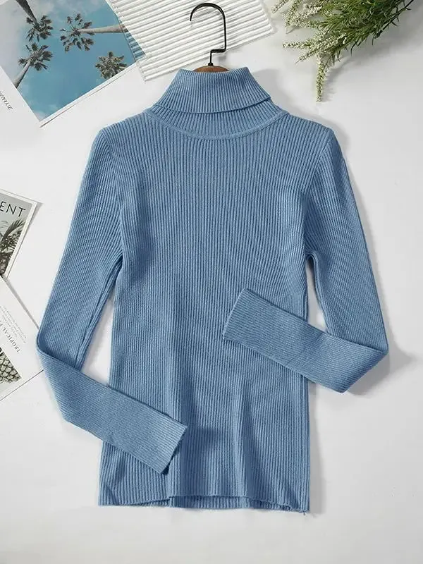 Korean Fashion Turtleneck Women Autumn Winter Pullover Sweater Basic Solid Casual Slim Stretch Ribbed Knitted Top Woman Sweaters