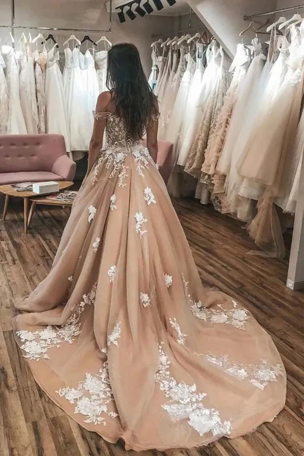 Lace Appliqued Ivory Off The Shoulder  Court Train Wedding Gowns,MW362