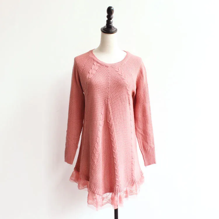 Lace Women Sweater Dress Oversized Long Sleeve Pink Knitted Sweater Casual Pullovers Ladies Clothing Tops Knitwear