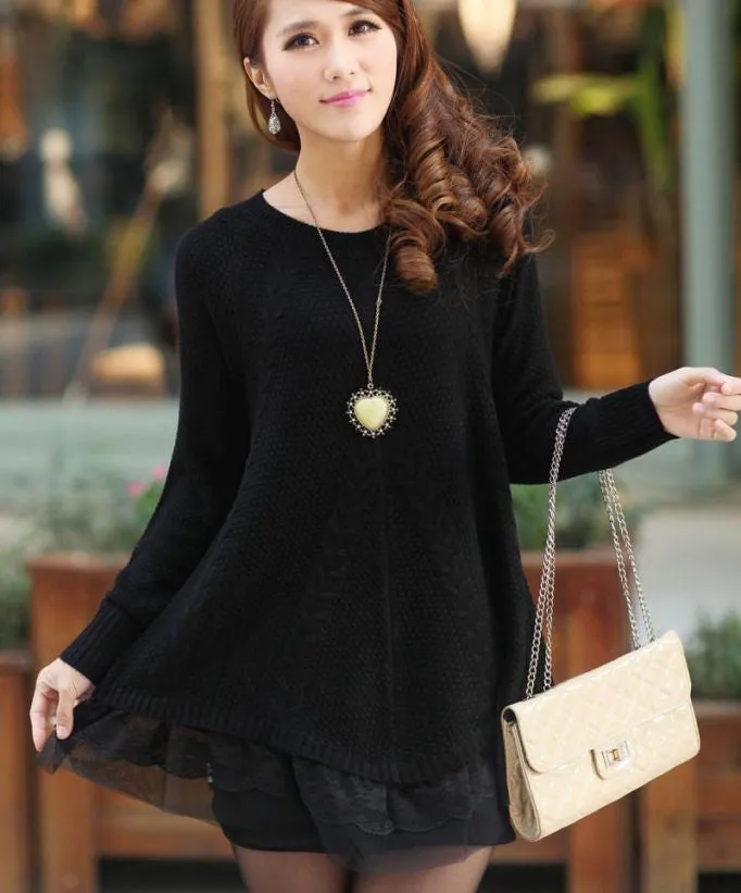 Lace Women Sweater Dress Oversized Long Sleeve Pink Knitted Sweater Casual Pullovers Ladies Clothing Tops Knitwear