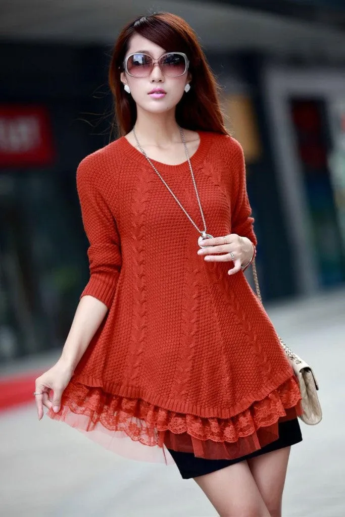 Lace Women Sweater Dress Oversized Long Sleeve Pink Knitted Sweater Casual Pullovers Ladies Clothing Tops Knitwear