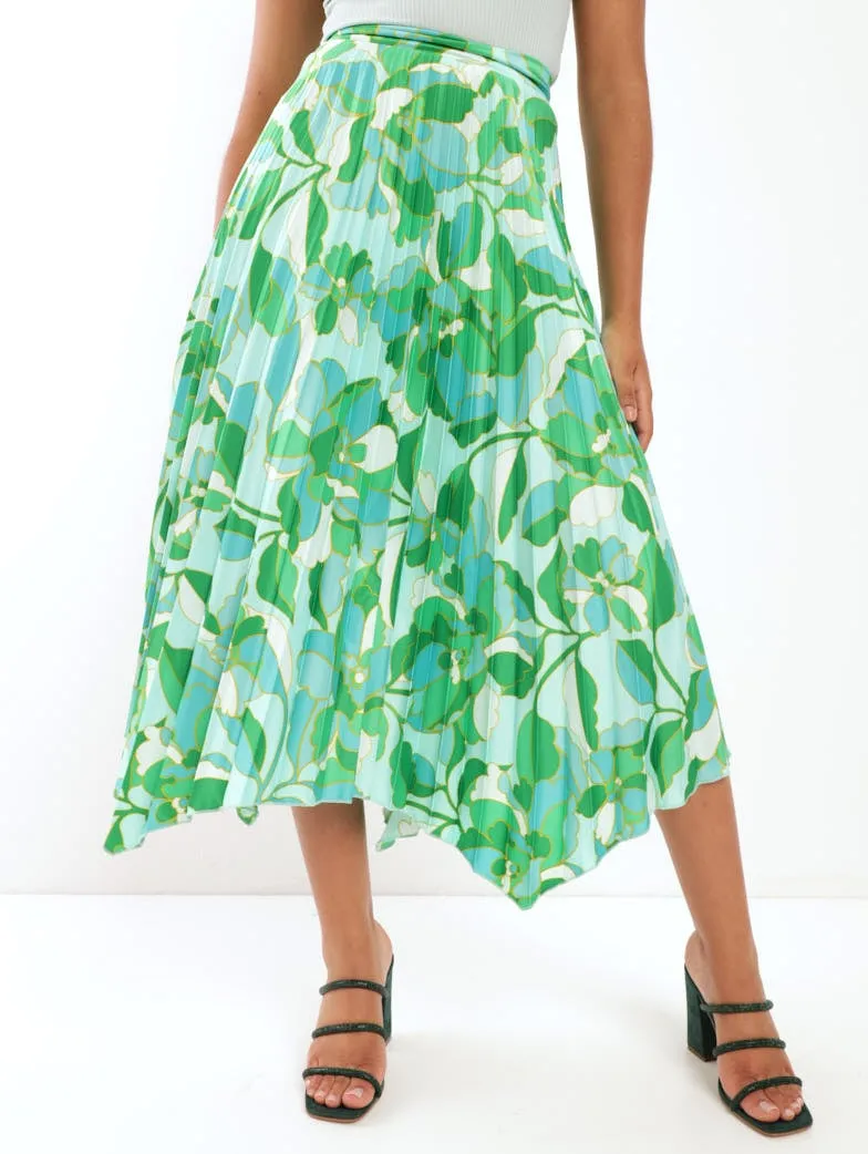 Ladies Asymmetric Printed Pleated Skirt