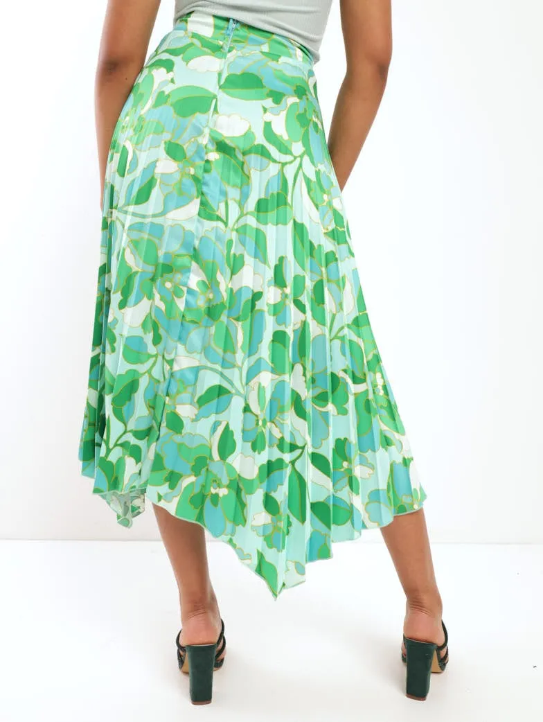 Ladies Asymmetric Printed Pleated Skirt
