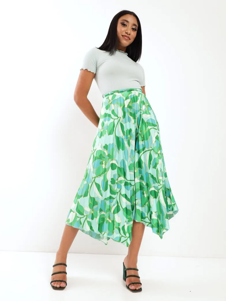 Ladies Asymmetric Printed Pleated Skirt