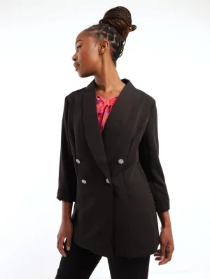 Ladies Diamante Double Breasted Blazer - Black