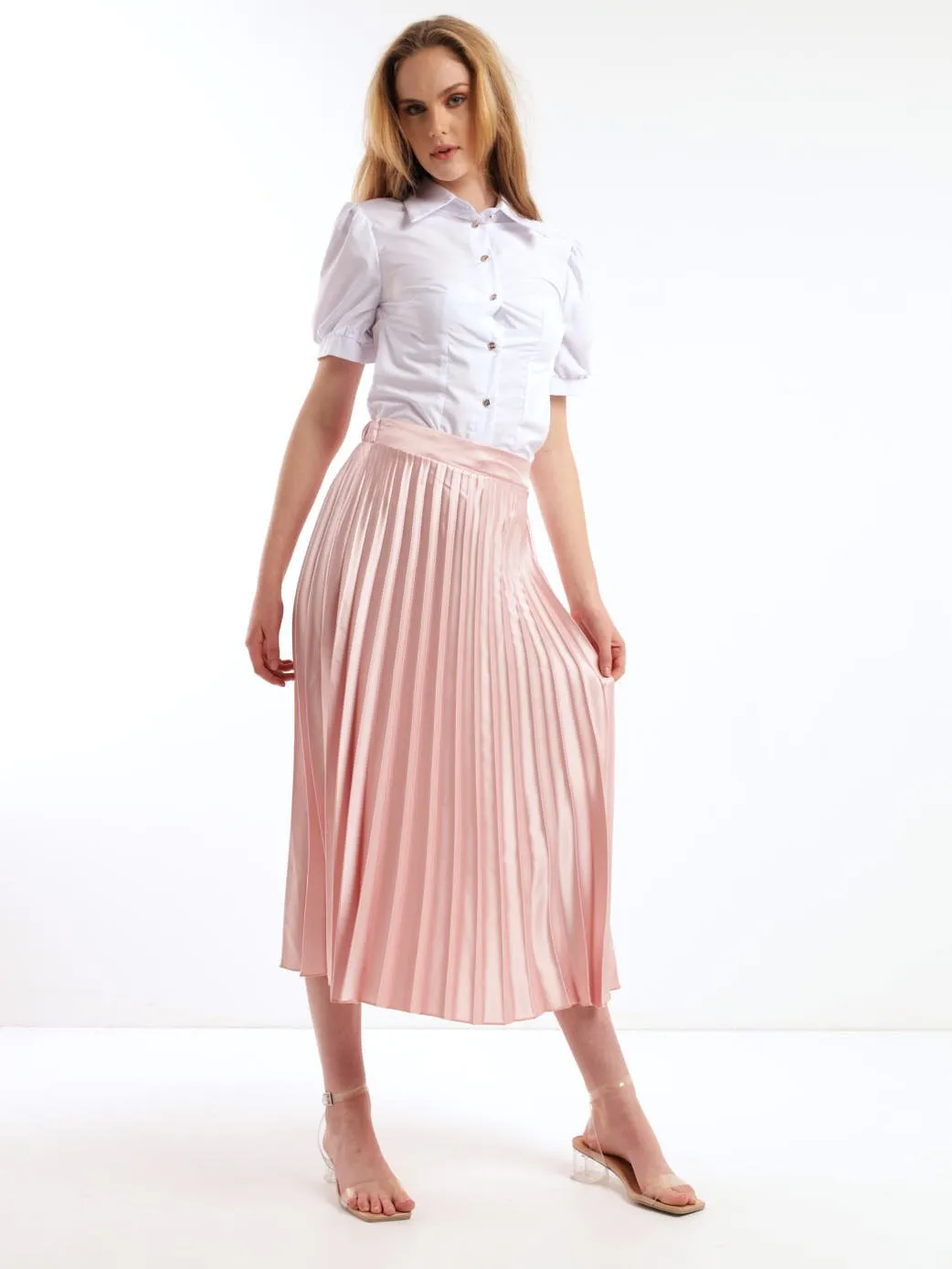 Ladies Pleated Midi Skirt - Blush
