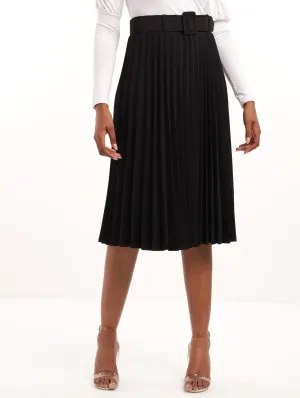 Ladies Sunray Pleated Skirt With Belt - Black