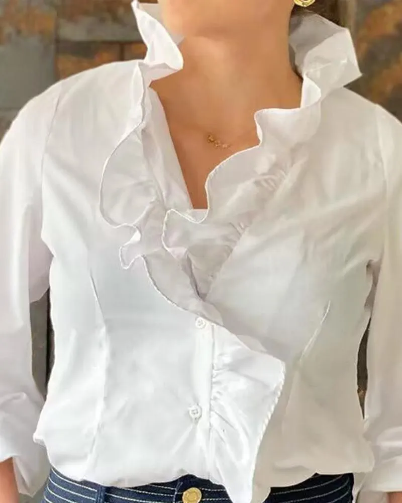Lantern Sleeve Ruffle Hem Button Front Shirt