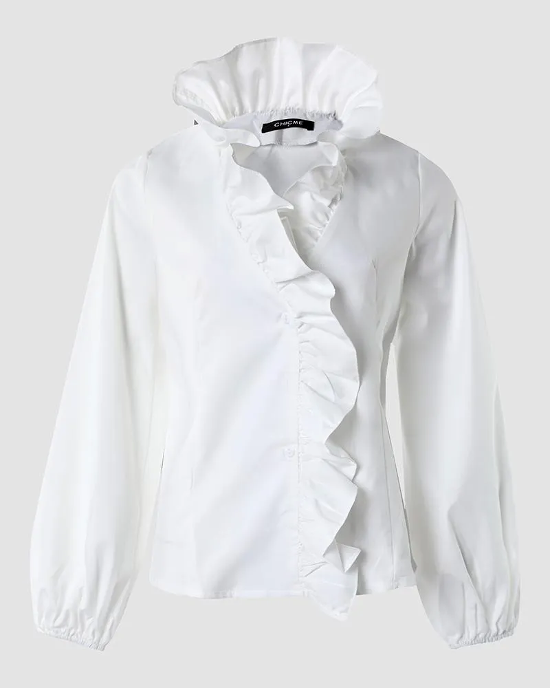Lantern Sleeve Ruffle Hem Button Front Shirt