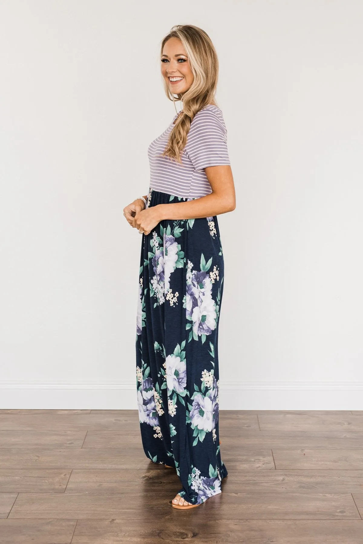 Lasting Memories Floral Maxi Dress- Navy & Lavender