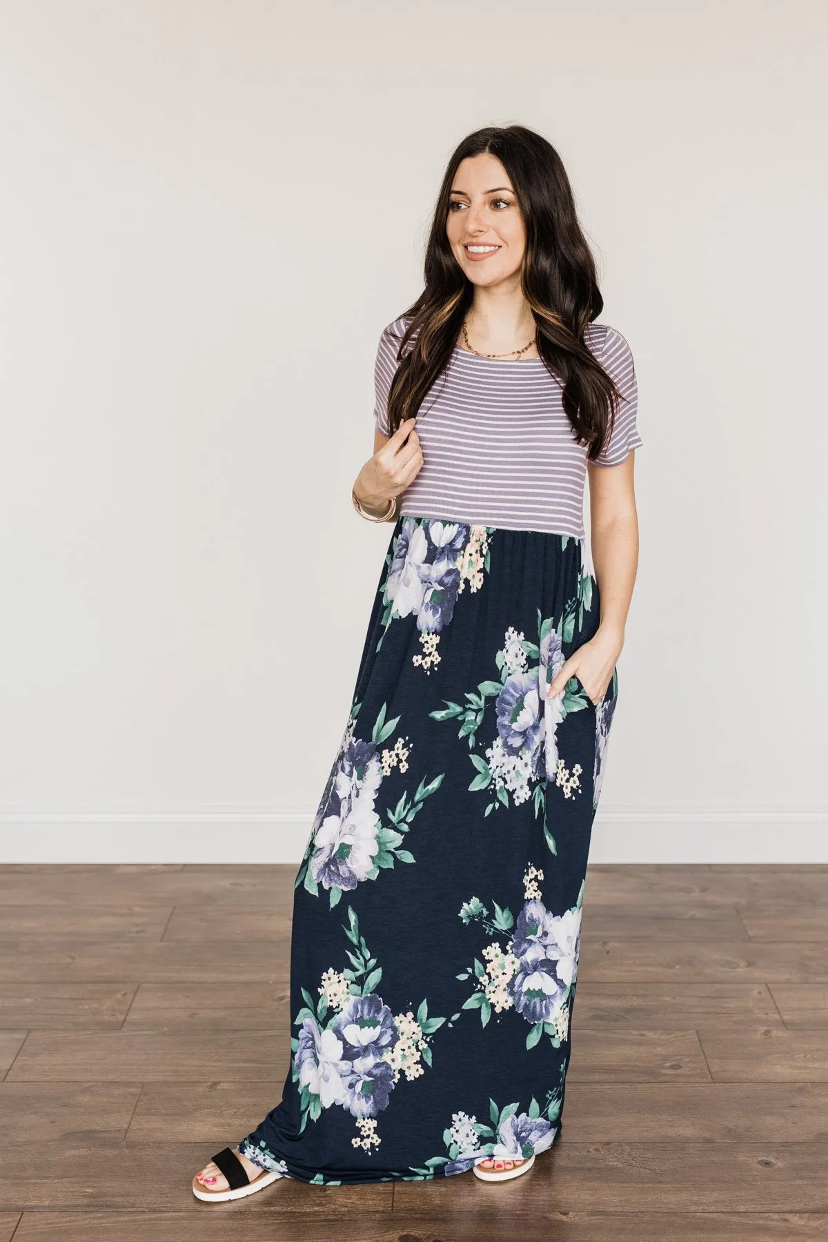Lasting Memories Floral Maxi Dress- Navy & Lavender