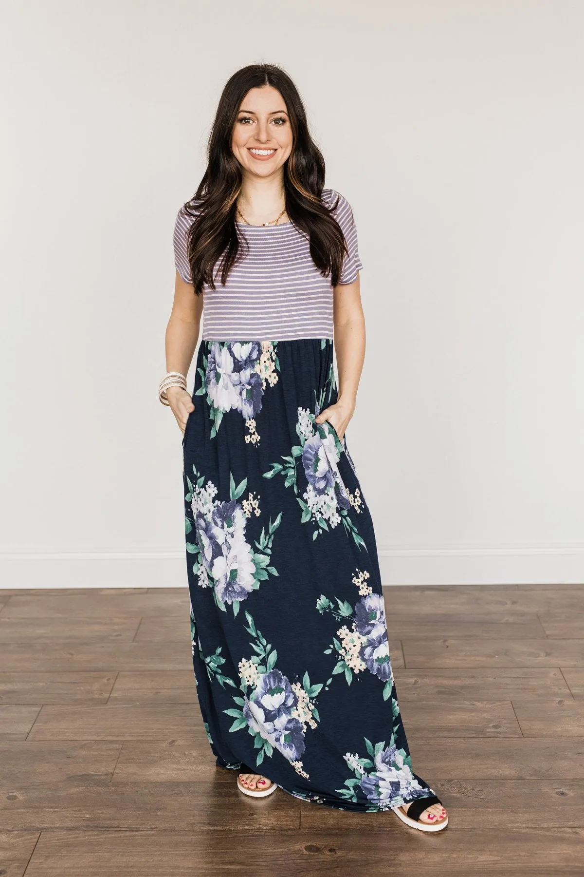 Lasting Memories Floral Maxi Dress- Navy & Lavender