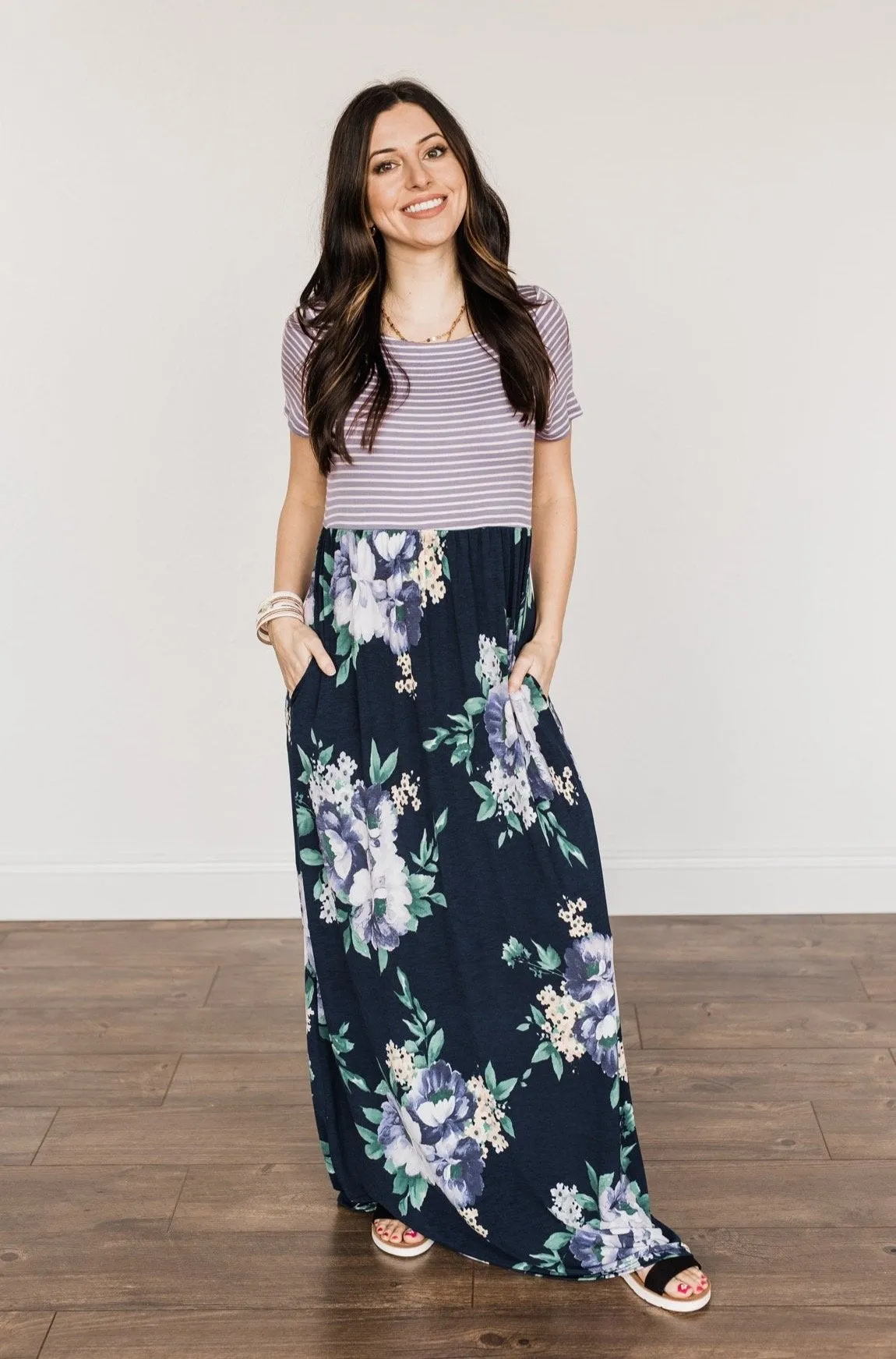 Lasting Memories Floral Maxi Dress- Navy & Lavender