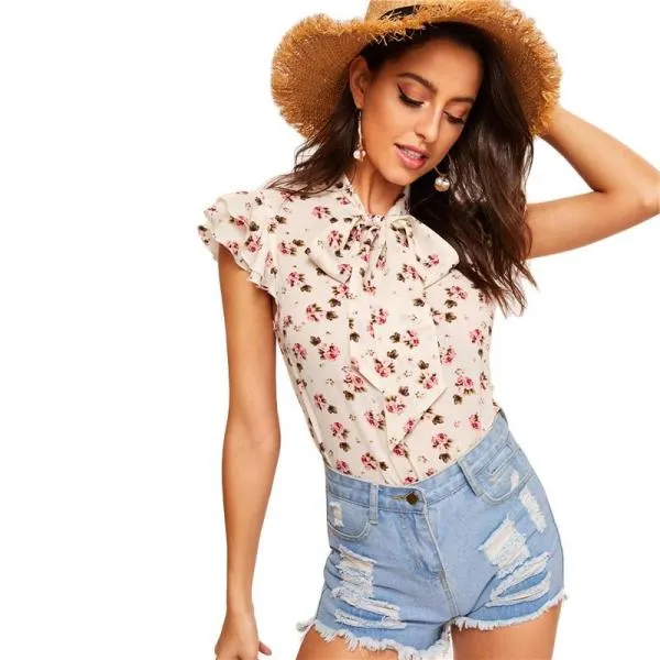 Layered Ruffle Sleeve Tie-neck Floral Print Blouse Women Stand Collar Cap Sleeve Tops And Blouses