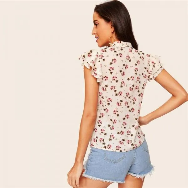 Layered Ruffle Sleeve Tie-neck Floral Print Blouse Women Stand Collar Cap Sleeve Tops And Blouses
