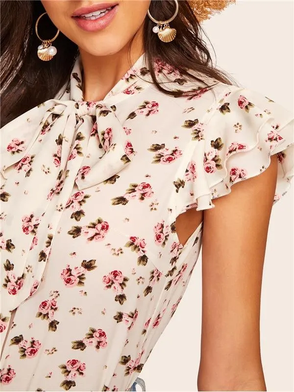 Layered Ruffle Sleeve Tie-neck Floral Print Blouse Women Stand Collar Cap Sleeve Tops And Blouses