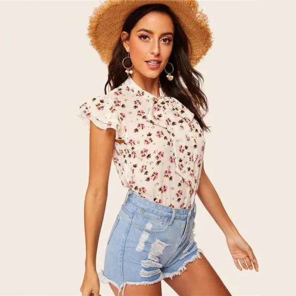 Layered Ruffle Sleeve Tie-neck Floral Print Blouse Women Stand Collar Cap Sleeve Tops And Blouses