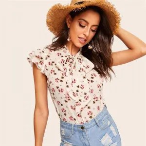 Layered Ruffle Sleeve Tie-neck Floral Print Blouse Women Stand Collar Cap Sleeve Tops And Blouses