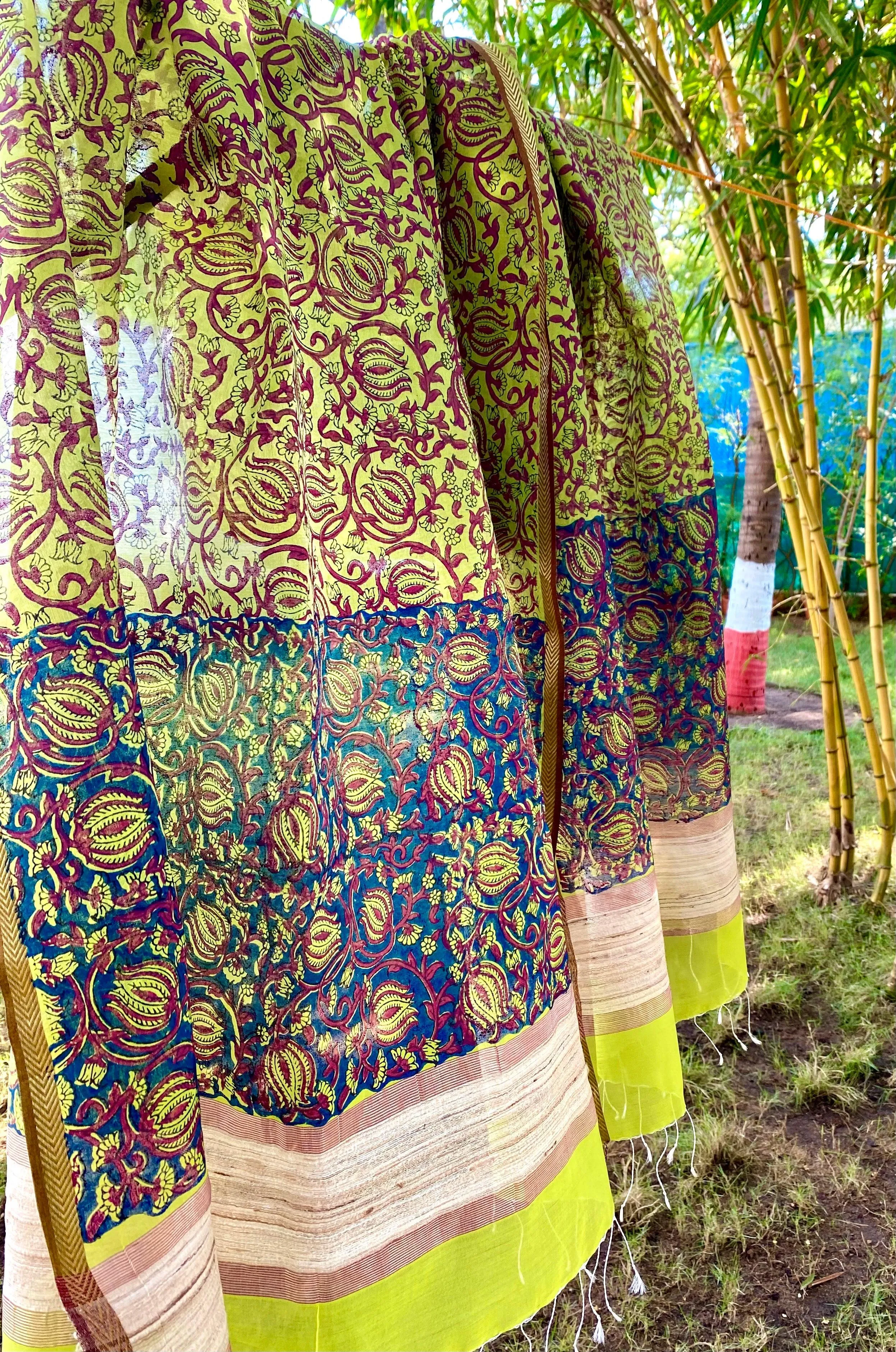 Leaf Green Block Printed Silk Cotton Dupatta Scarf