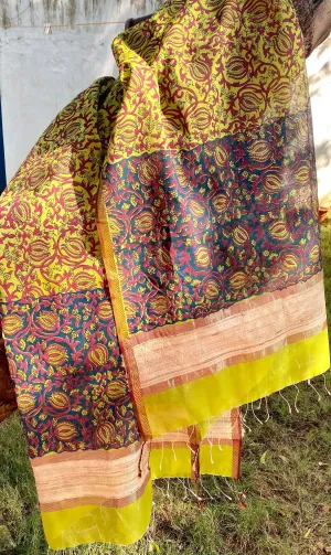 Leaf Green Block Printed Silk Cotton Dupatta Scarf