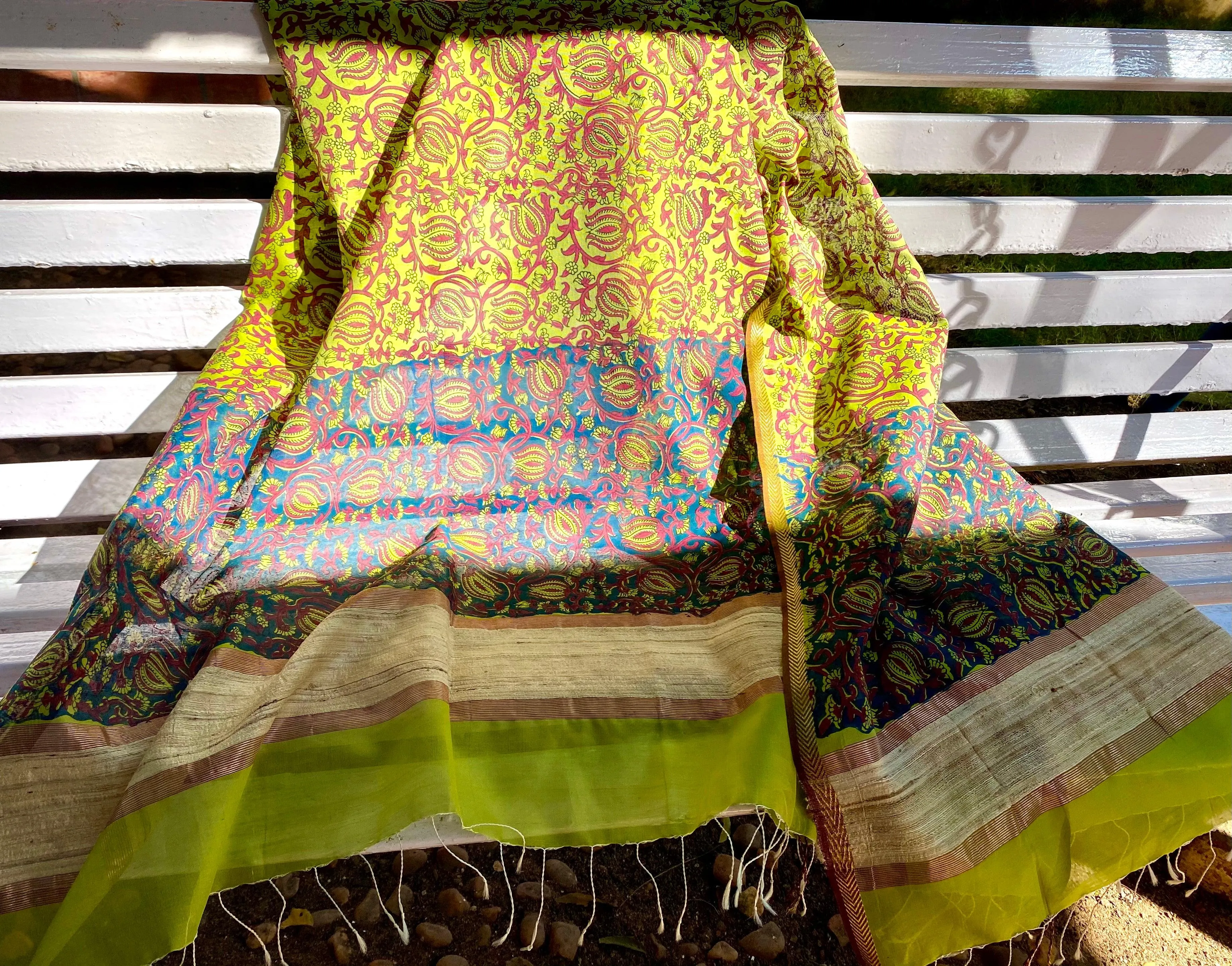 Leaf Green Block Printed Silk Cotton Dupatta Scarf