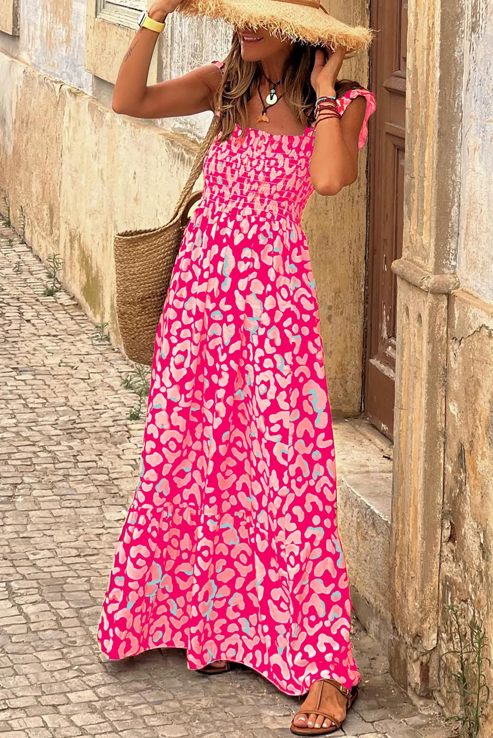 Leopard Ruffle Straps Smocked High Waist Long Dress