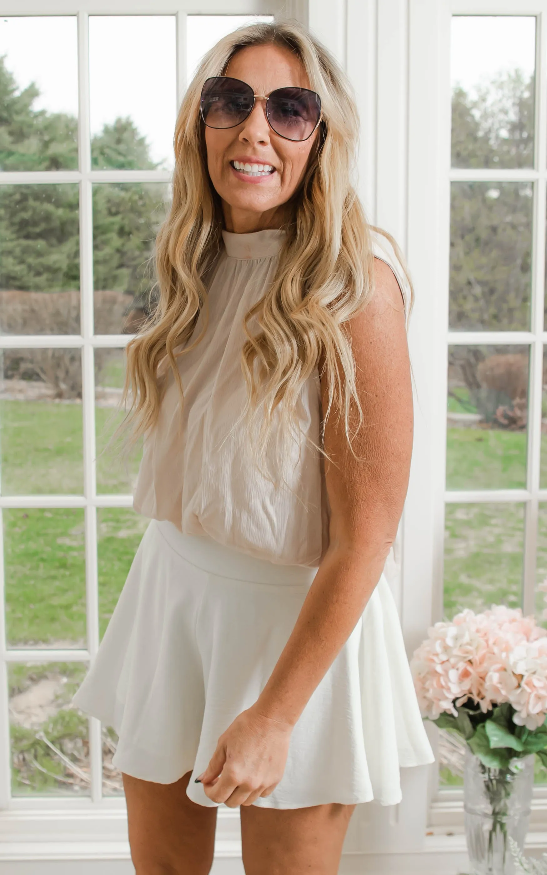 Light Beige Mock Neck Sleeveless Blouse | FINAL SALE
