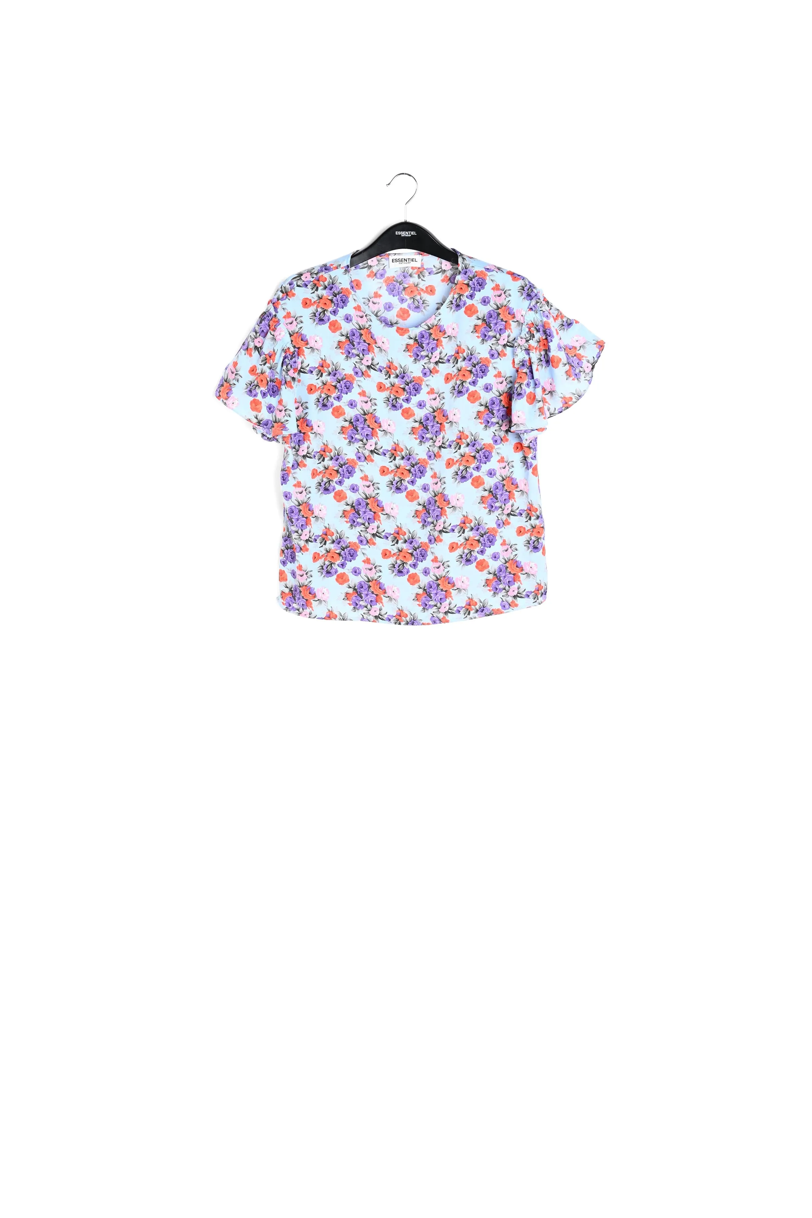 Light blue floral ruffle-sleeved top