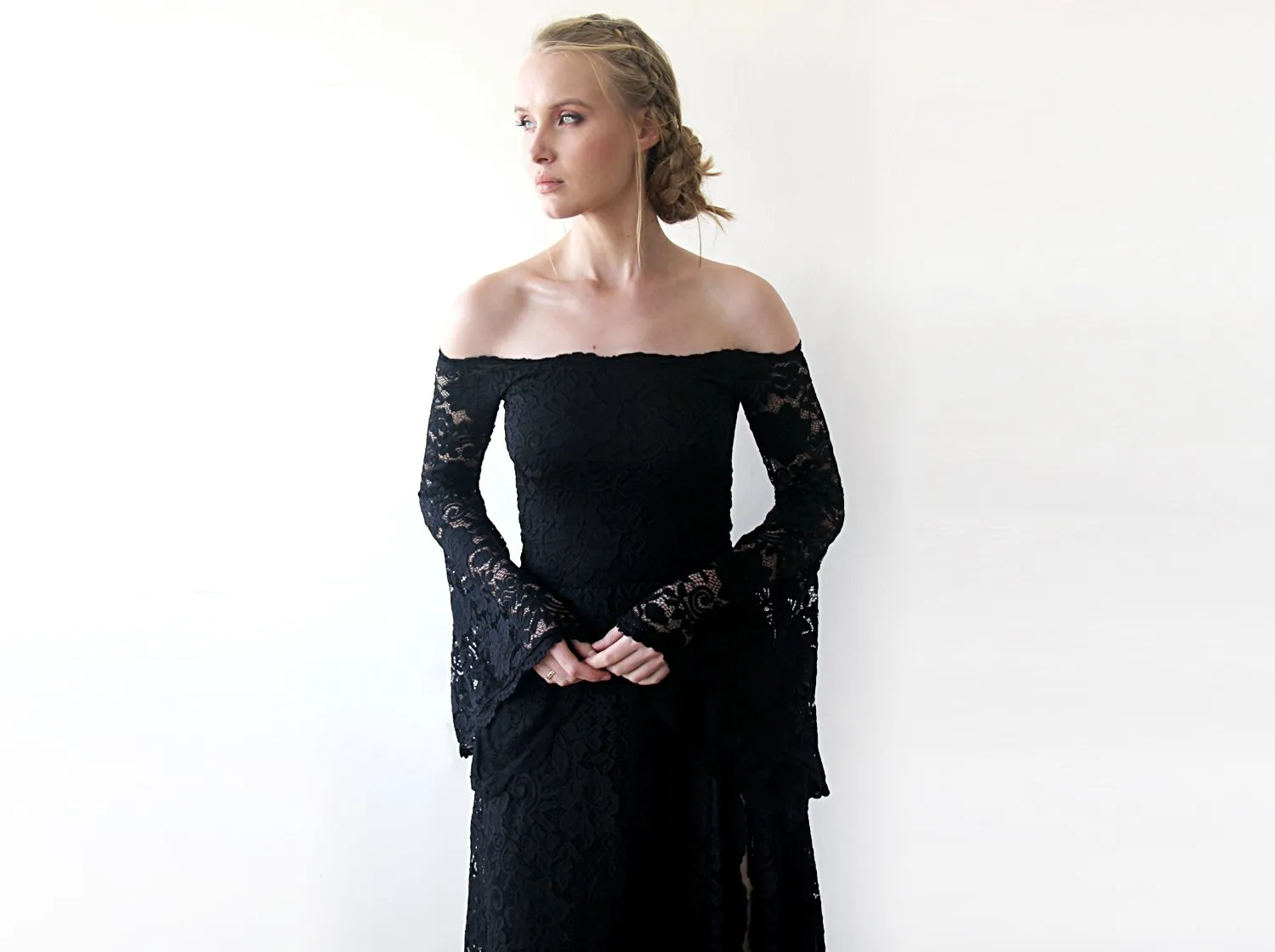 Long Bell Sleeve Lace Dress, Off-Shoulders  Dress, Bohemian Black Dress  #1201