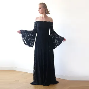 Long Bell Sleeve Lace Dress, Off-Shoulders  Dress, Bohemian Black Dress  #1201