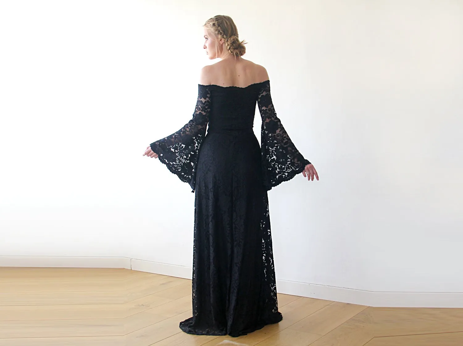 Long Bell Sleeve Lace Dress, Off-Shoulders  Dress, Bohemian Black Dress  #1201
