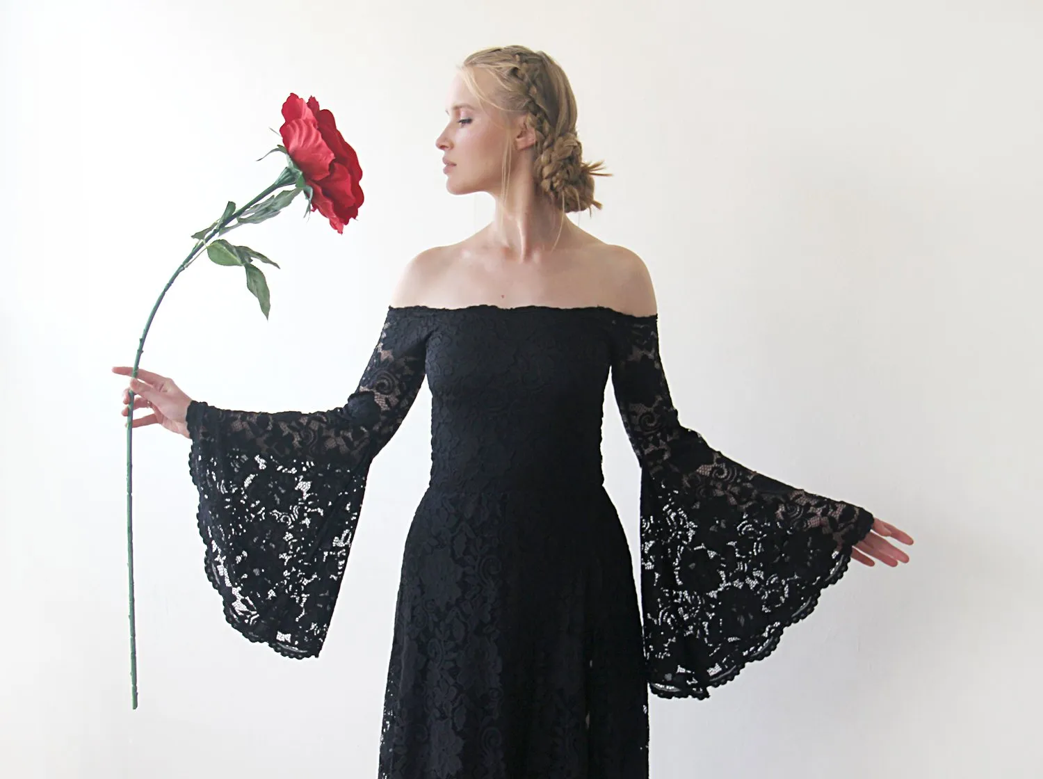 Long Bell Sleeve Lace Dress, Off-Shoulders  Dress, Bohemian Black Dress  #1201