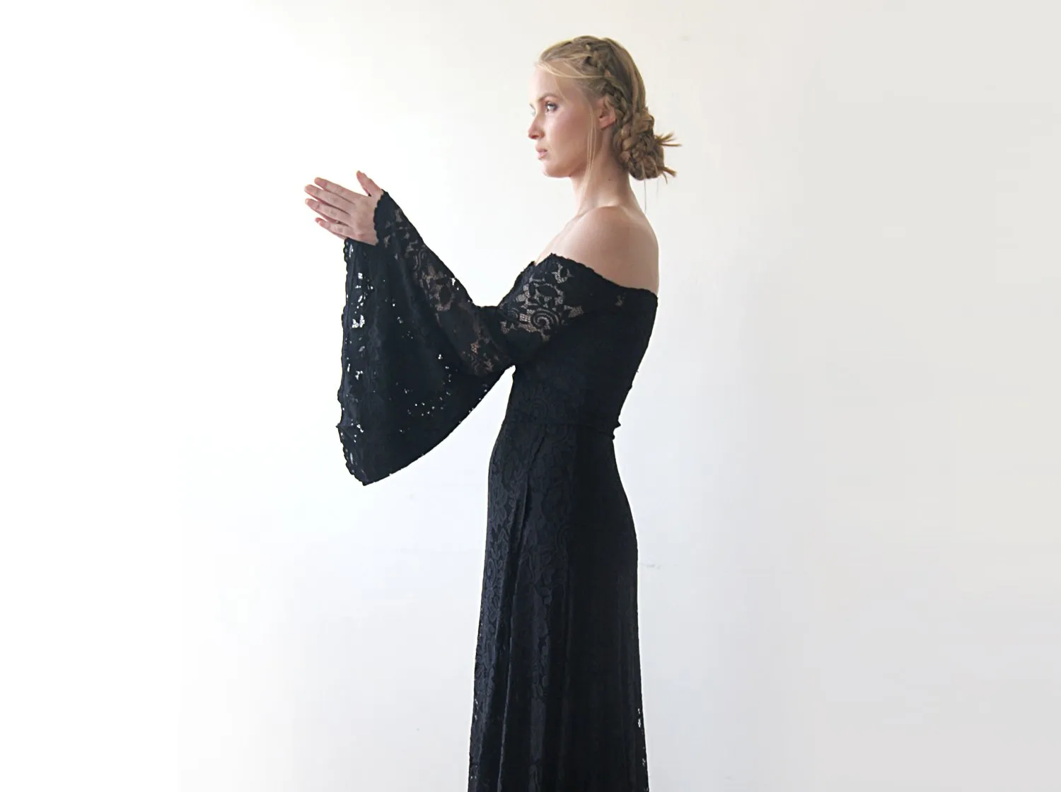 Long Bell Sleeve Lace Dress, Off-Shoulders  Dress, Bohemian Black Dress  #1201