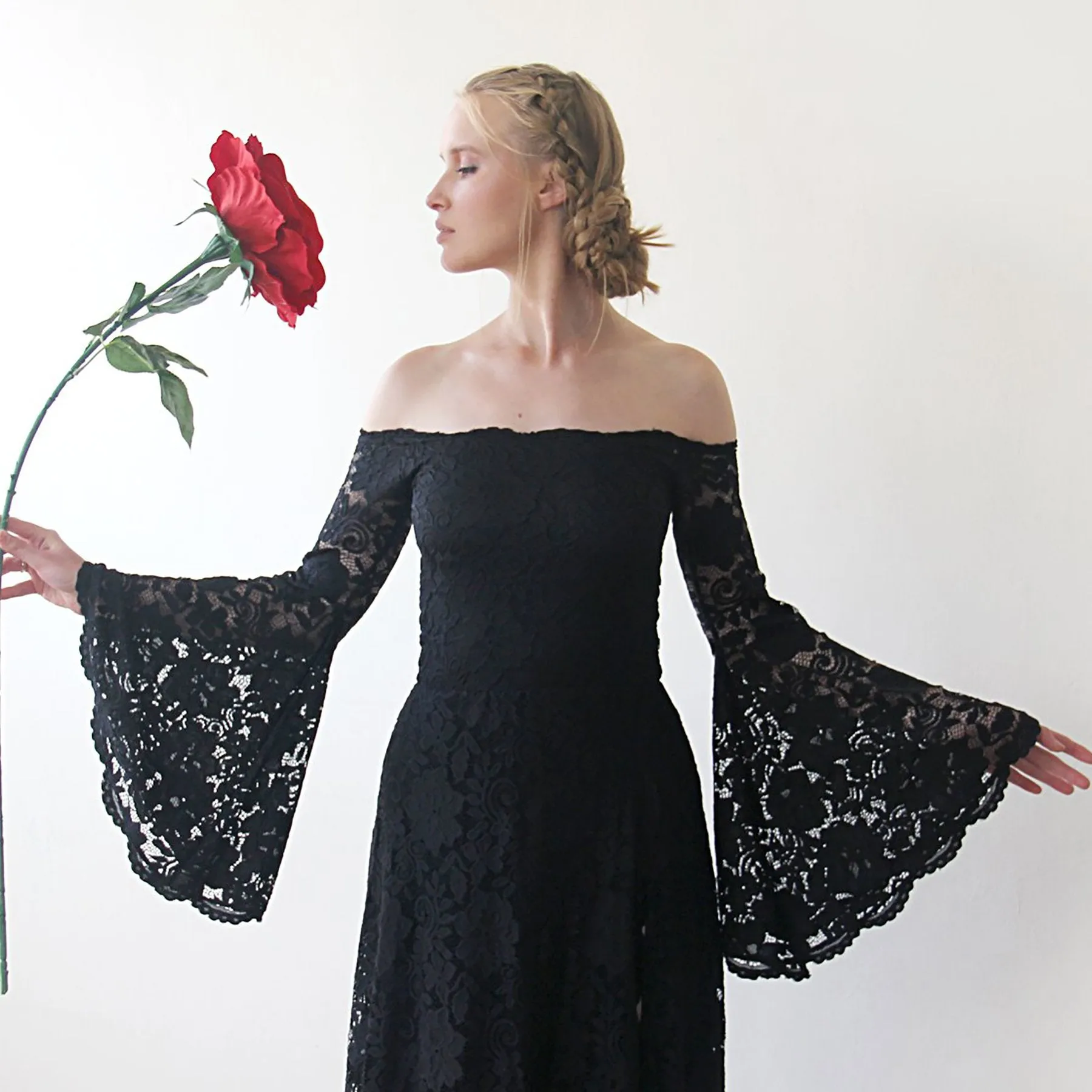 Long Bell Sleeve Lace Dress, Off-Shoulders  Dress, Bohemian Black Dress  #1201
