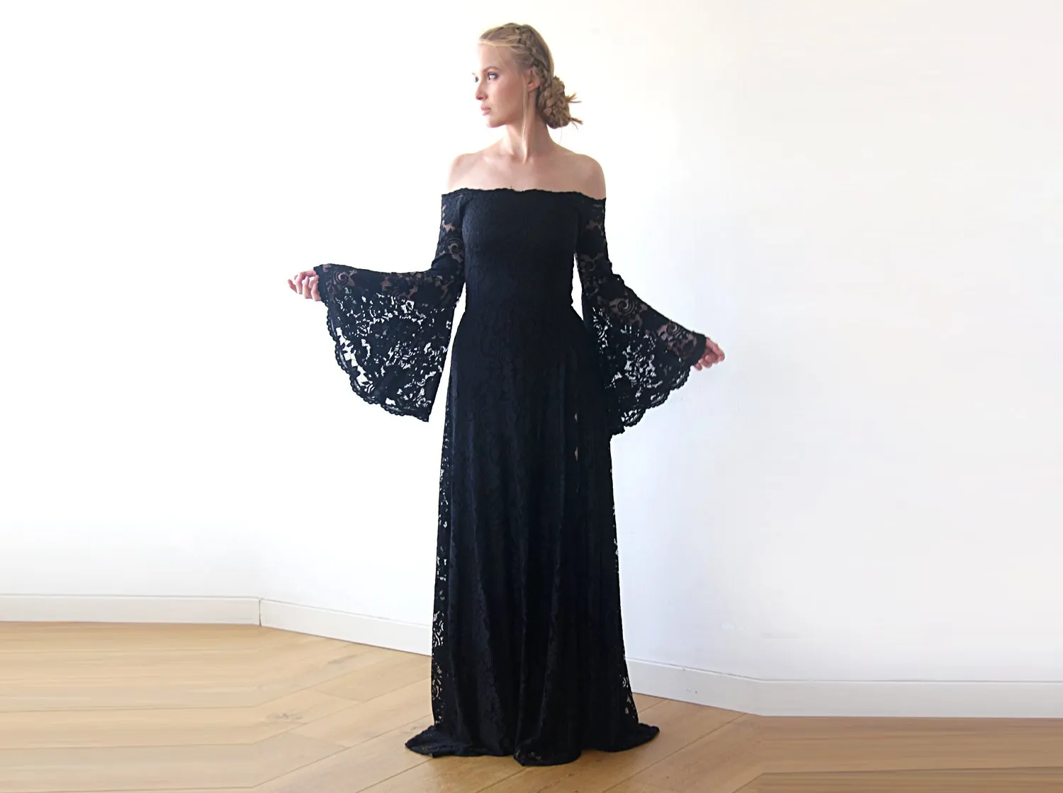 Long Bell Sleeve Lace Dress, Off-Shoulders  Dress, Bohemian Black Dress  #1201